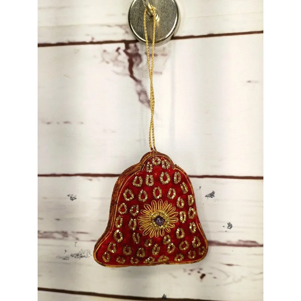 Red Velvet Bell Ornament With Gold Embroidery & Purple Gemstone Accent For Holid